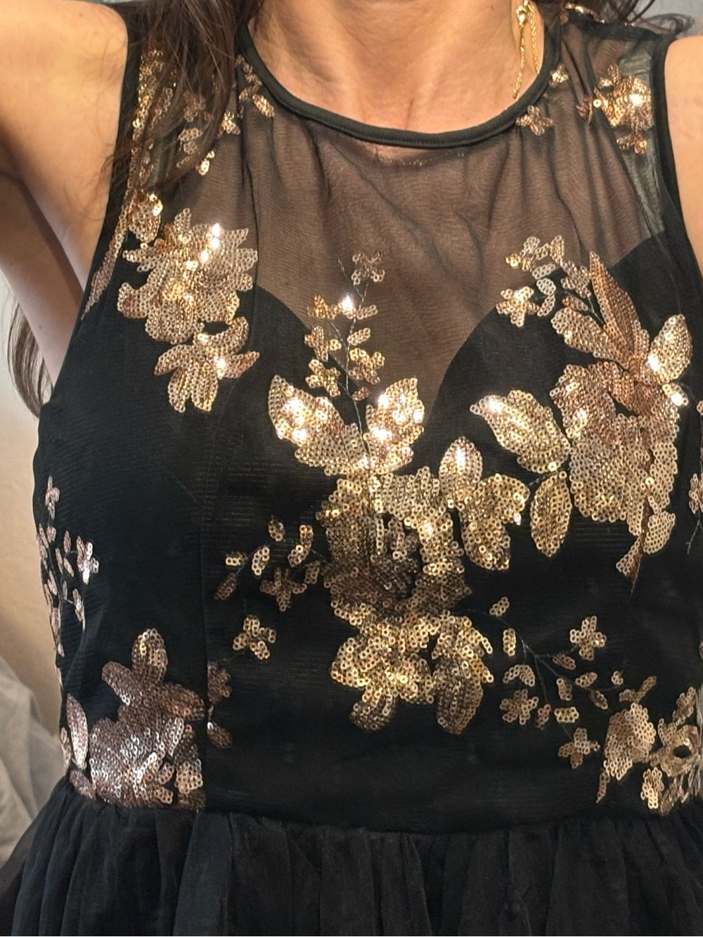 E: Gold Floral Sequin Bodice Black Tulle Mesh Midi Dress Size Large - Picture 6 of 9